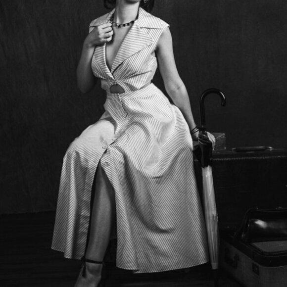 Vtg 80s White Sleeveless Button Down Midi Dress Sz 14 Belted Gold Studs Canadian - Picture 8 of 8